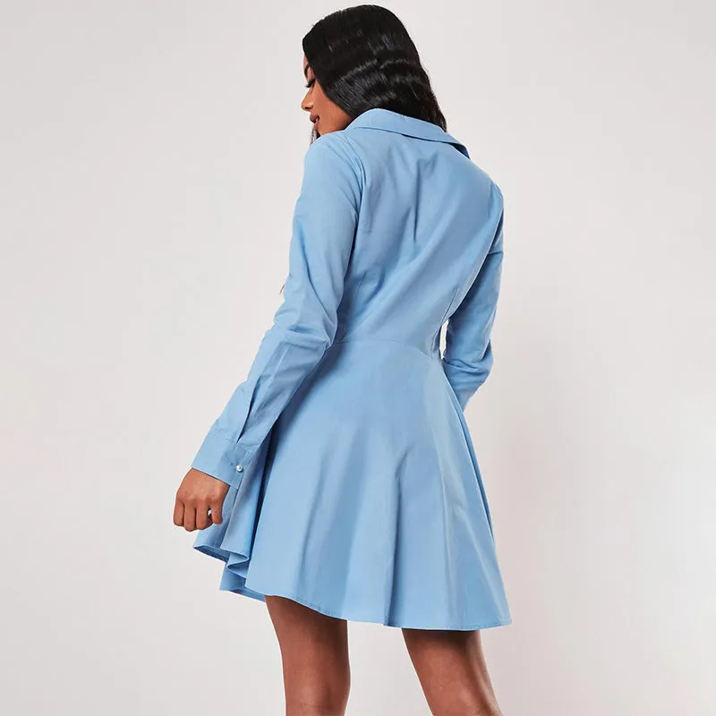 Blue Long Sleeve Button High Waist Shirt Dress
