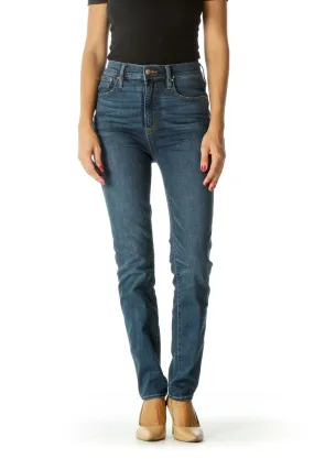 Blue Medium-Wash Distressed High-Waist Stretch Slim-Fit Jeans