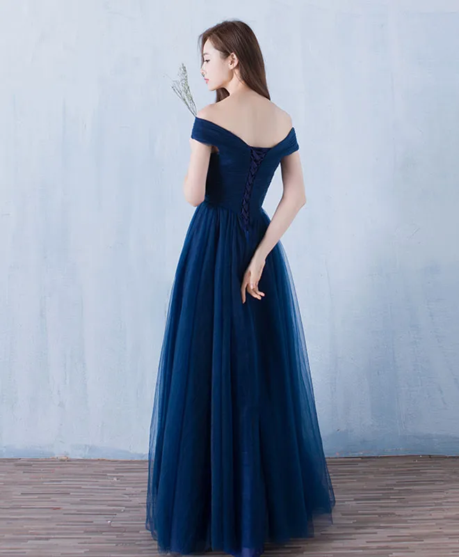 Blue V Neck Tulle A Line Long Prom Dress, Evening Dress