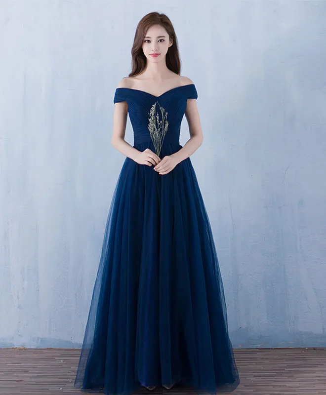 Blue V Neck Tulle A Line Long Prom Dress, Evening Dress