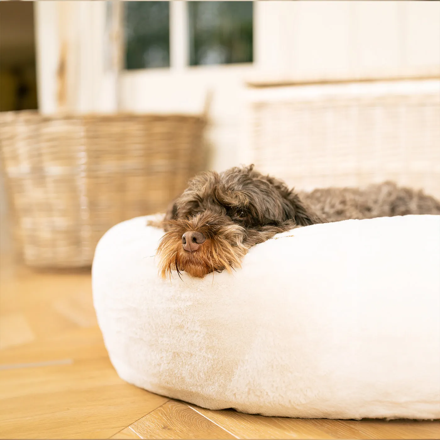 Calming Anti-Anxiety Donut Bed With Removable Covers in Cream Faux Fur by Lords & Labradors