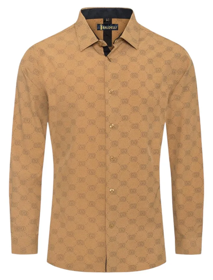 Camel Beige Men's Shirt Luxury Brand Long Sleeve Button Down Regular-Fit Baldelli Style No: CHLS-2062