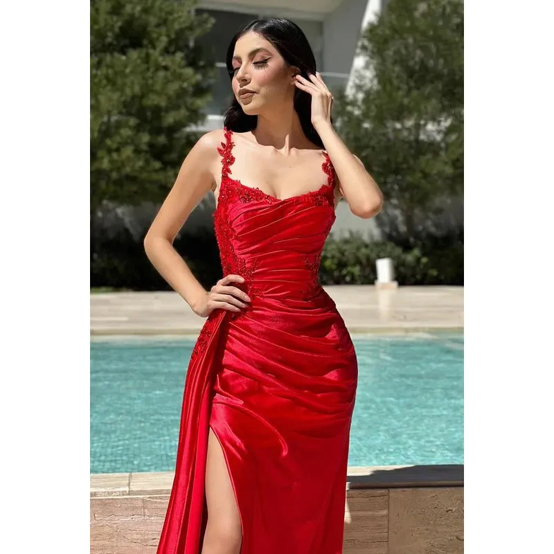 Classic & Timeless Sheath/Column Straps Ruched Side Slit V-Neck Party Prom Dress