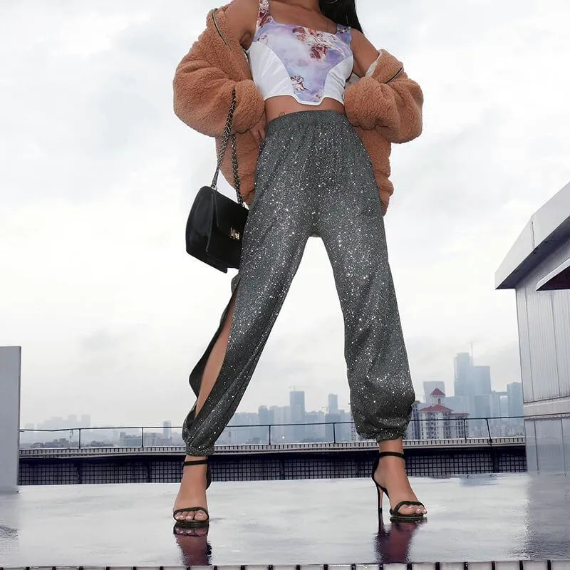 Cool High Waist Glitter Split Elastic Ankle Pants