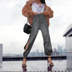 Cool High Waist Glitter Split Elastic Ankle Pants