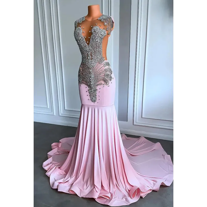 Couture & Ornate Ruffles V-Neck Sleeveless Fully Rhinestones Prom Dress