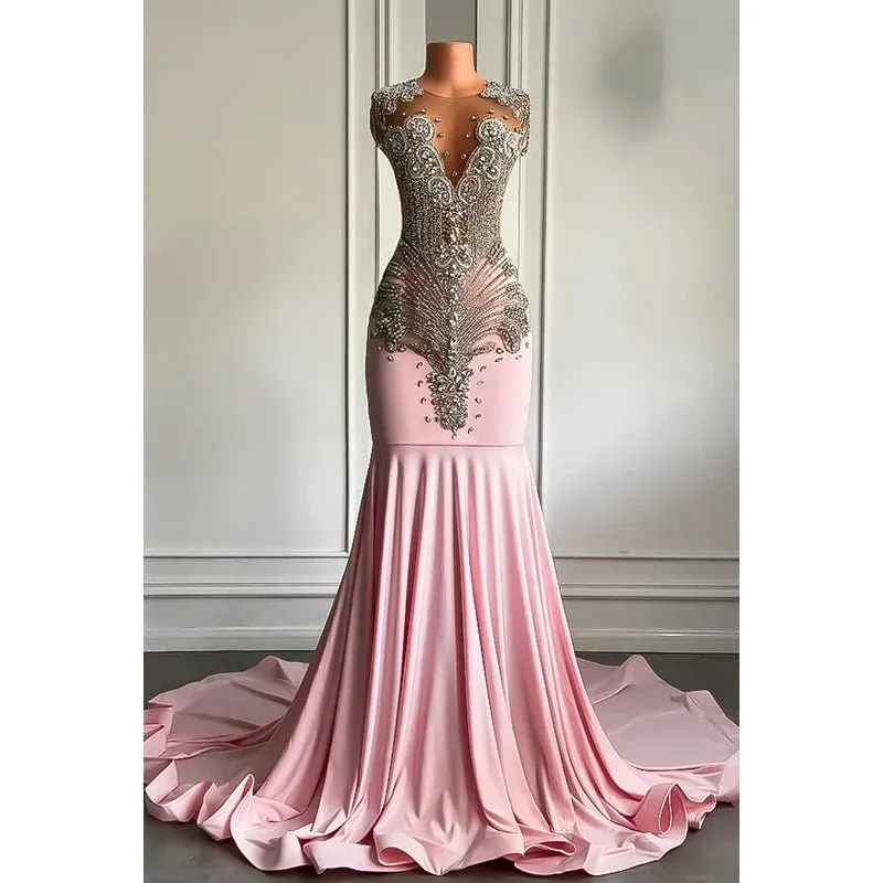 Couture & Ornate Ruffles V-Neck Sleeveless Fully Rhinestones Prom Dress