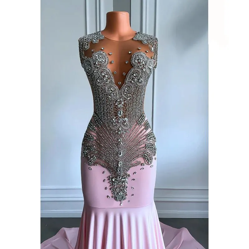 Couture & Ornate Ruffles V-Neck Sleeveless Fully Rhinestones Prom Dress