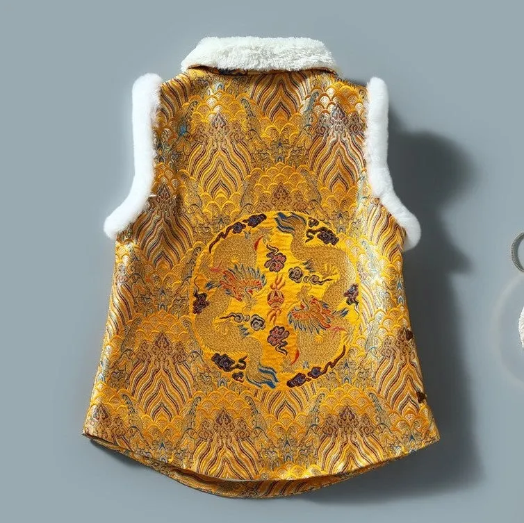 Dargon & Phoenix Brocade Fur Collar & Cuff Chinese Style Thick Waistcoat Vest