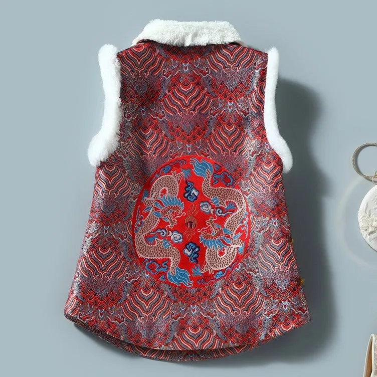Dargon & Phoenix Brocade Fur Collar & Cuff Chinese Style Thick Waistcoat Vest