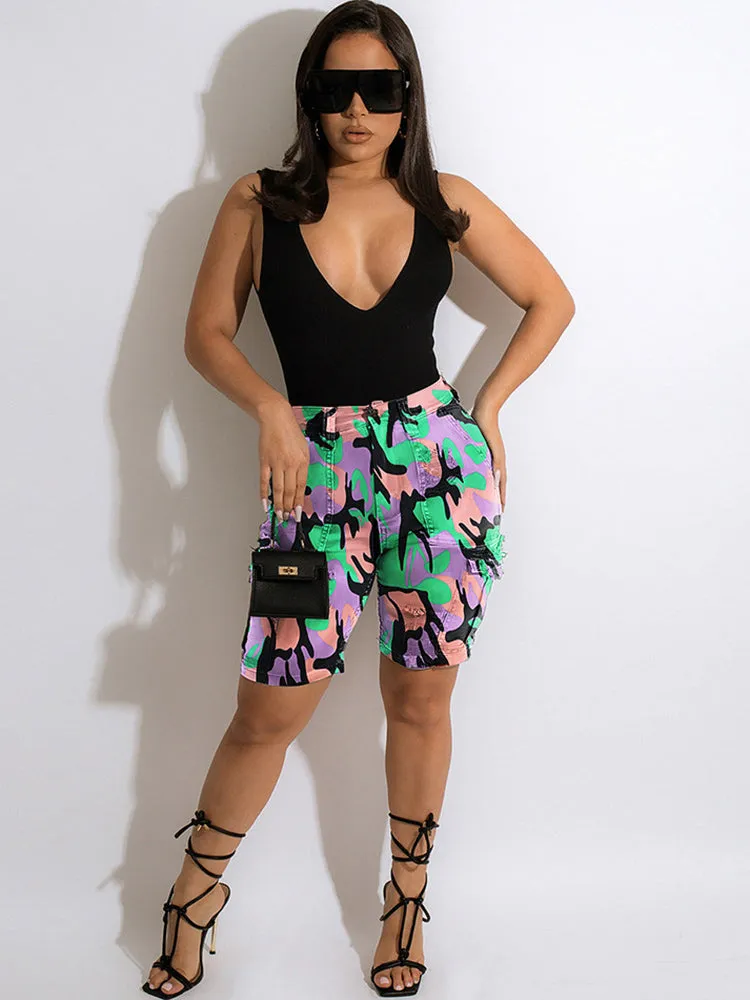 Denim High Waist Camouflage Print Shorts