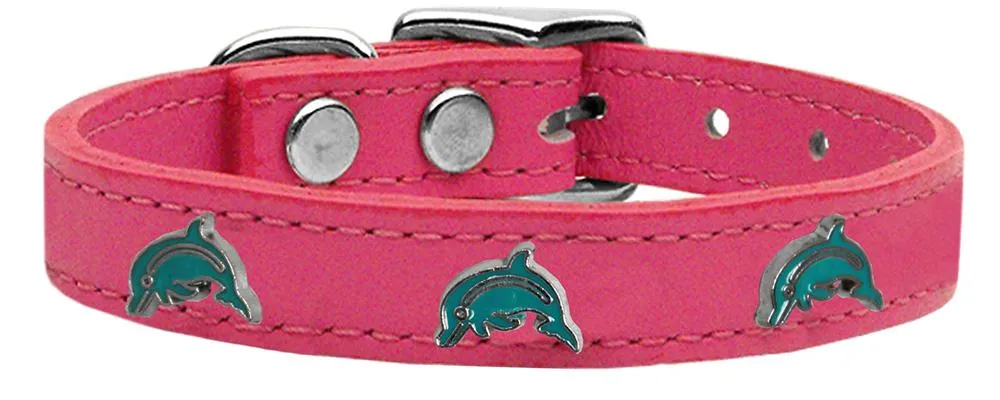 Dolphin Widget Genuine Leather Dog Collar Pink 22