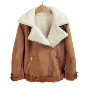 Eleanor Women’s Leather Aviator Jacket With Faux Fur Lining Tan