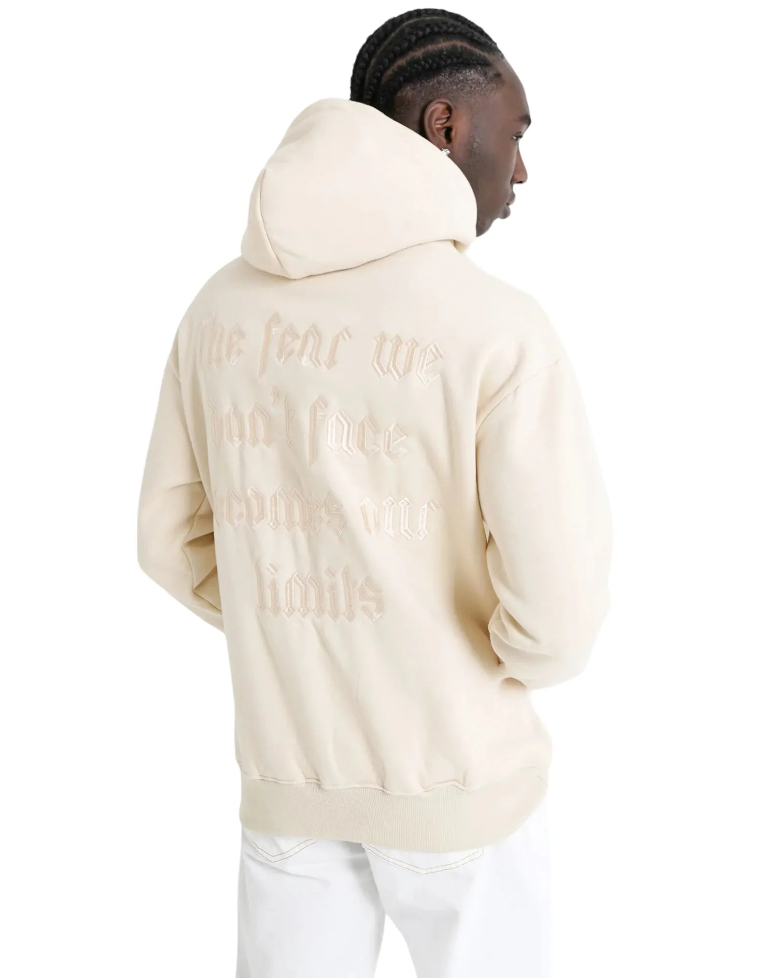 Embroidered Fear Hoodie Beige