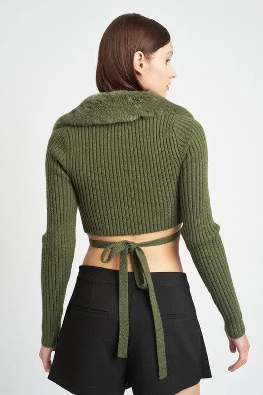 EMORY PARK V-Neck Cardigan With Fur Collar