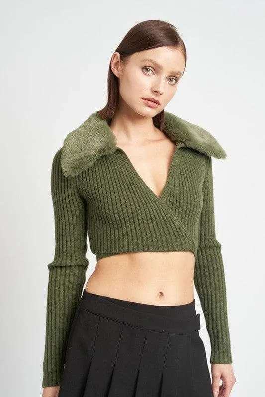 EMORY PARK V-Neck Cardigan With Fur Collar