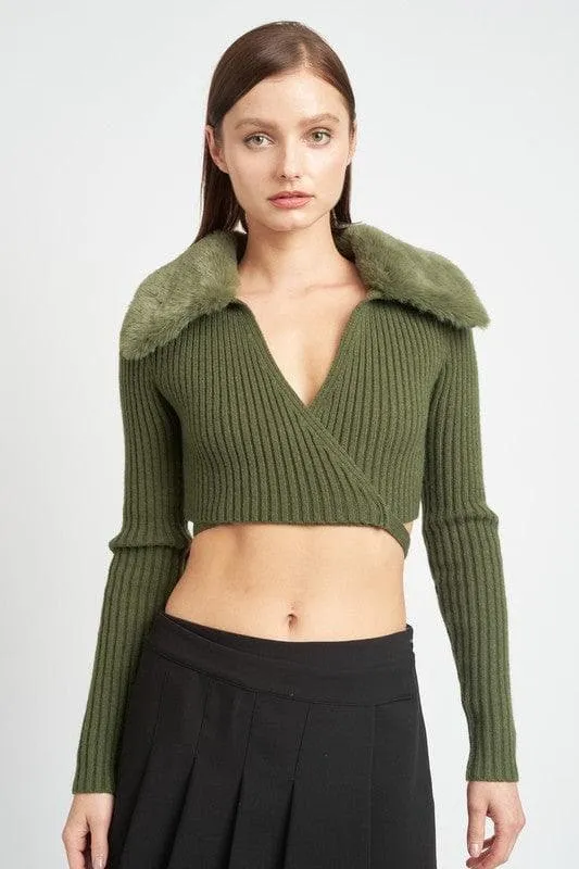 EMORY PARK V-Neck Cardigan With Fur Collar