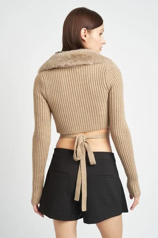 EMORY PARK V-Neck Cardigan With Fur Collar