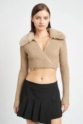 EMORY PARK V-Neck Cardigan With Fur Collar