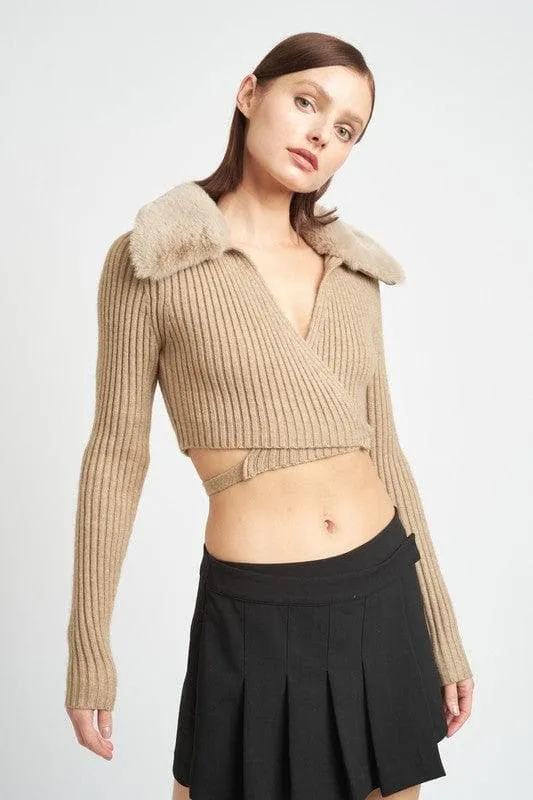EMORY PARK V-Neck Cardigan With Fur Collar