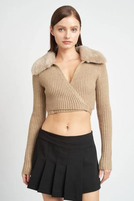 EMORY PARK V-Neck Cardigan With Fur Collar
