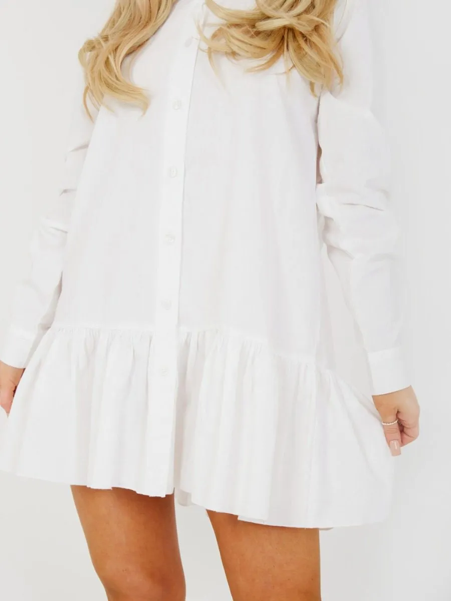 Fabiola Frill Hem Buttoned Shirt Dress In White