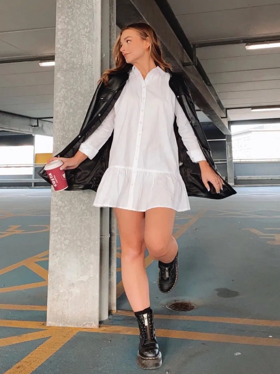 Fabiola Frill Hem Buttoned Shirt Dress In White