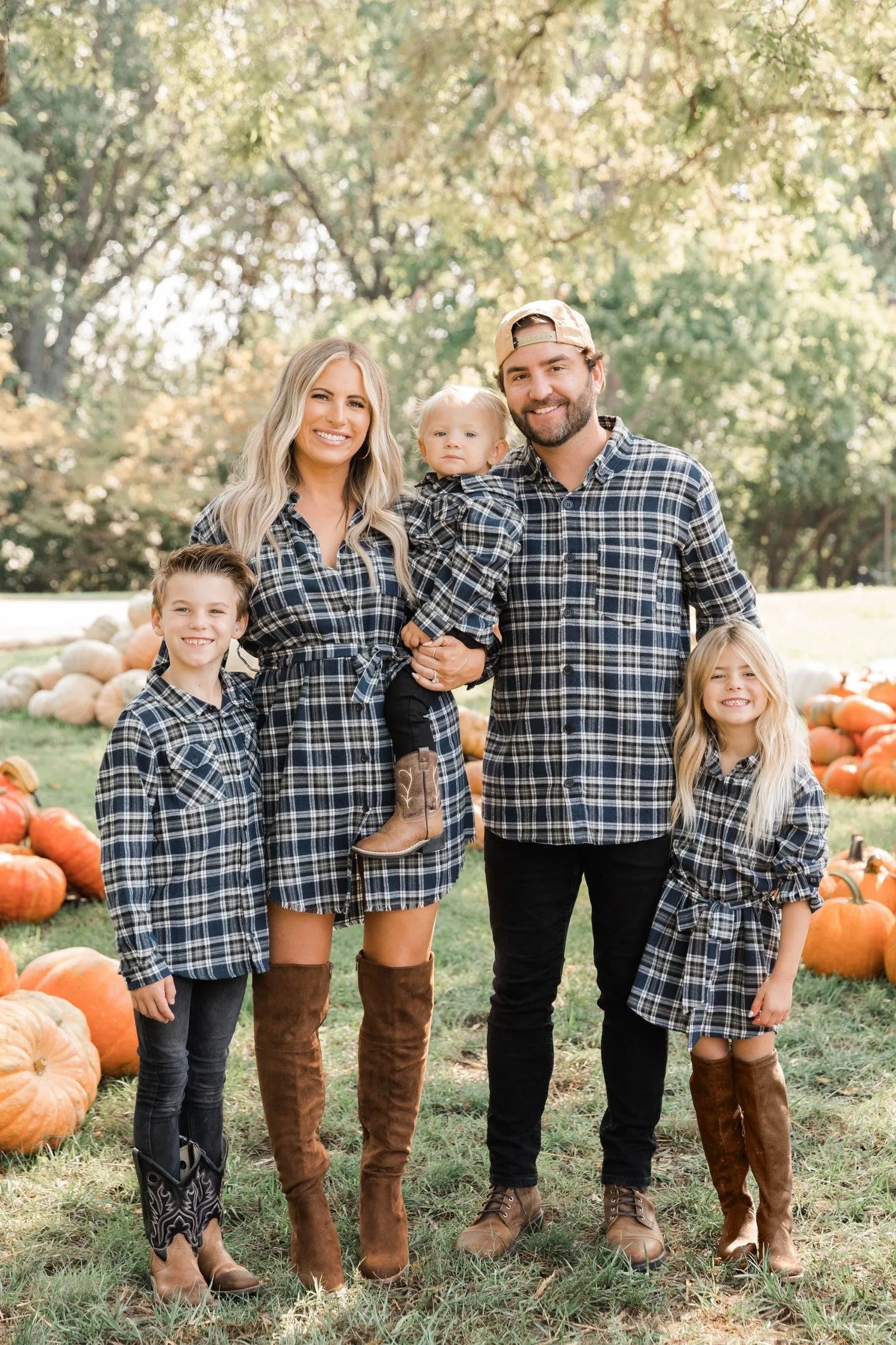 Family Matching Outfit Belted Long Sleeve Shirt Dress and Shirts Sets