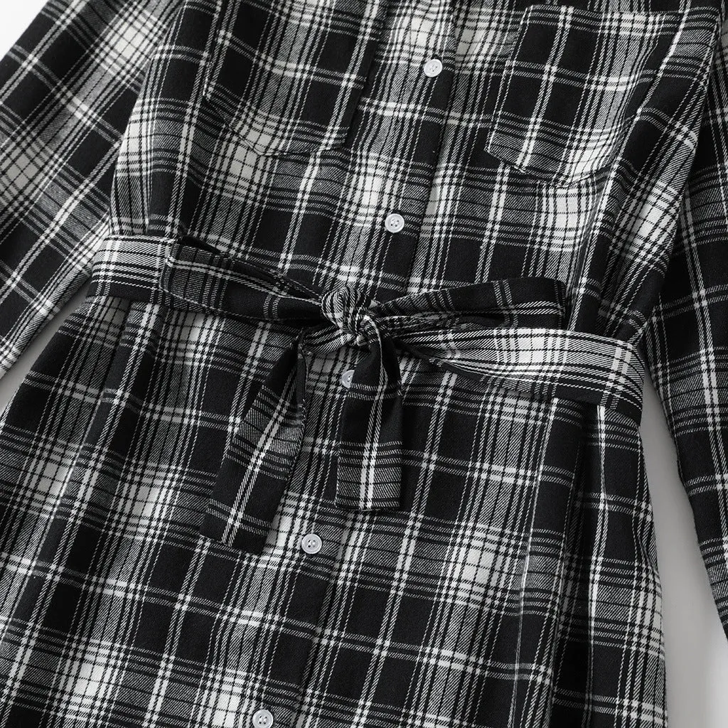 Family Matching Outfit Belted Long Sleeve Shirt Dress and Shirts Sets