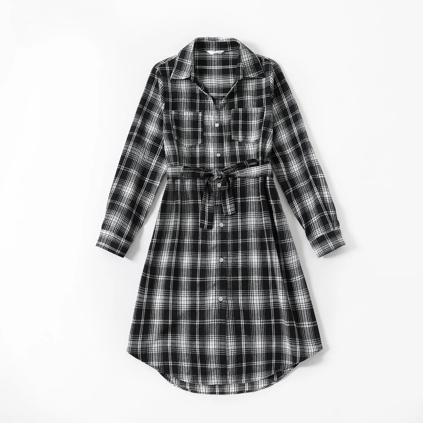 Family Matching Outfit Belted Long Sleeve Shirt Dress and Shirts Sets