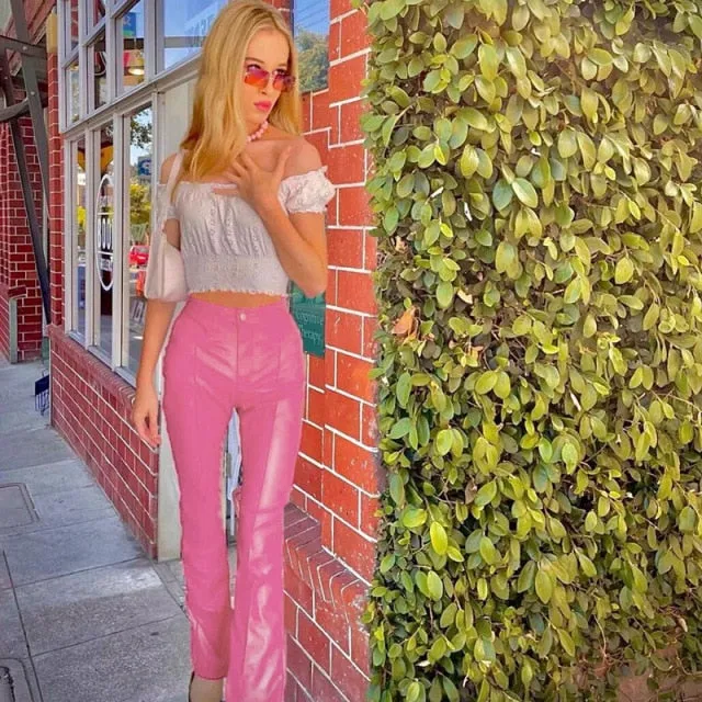 FashionSierra - Women Flare Pants Black Latex Faux Leather High Waist Stretchy Long Trousers Disco Boho Lady Skinny PU Bell Bottom Pants Custom
