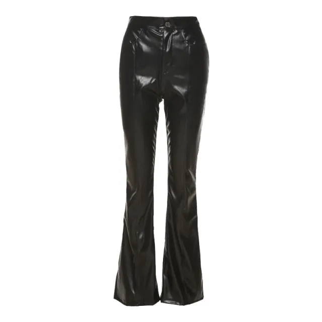 FashionSierra - Women Flare Pants Black Latex Faux Leather High Waist Stretchy Long Trousers Disco Boho Lady Skinny PU Bell Bottom Pants Custom