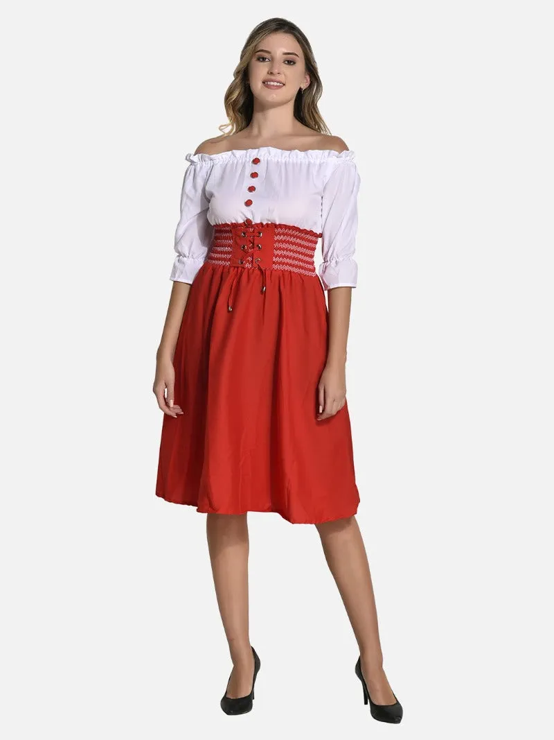 FIMS Fashion Women Georgette Crepe Solid Midi Dress Red