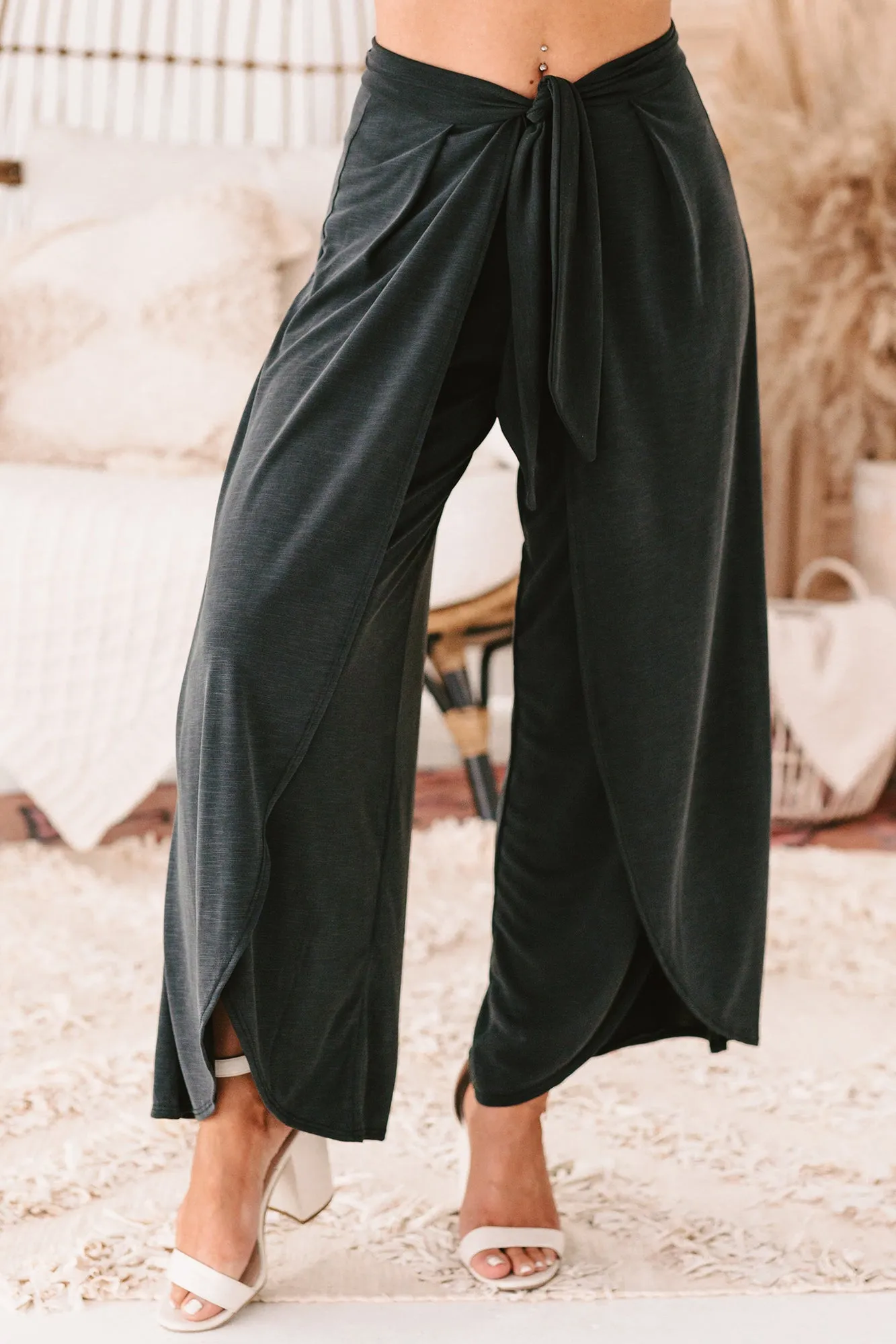 Finding My Center Tie-Front Split Leg Pants (Charcoal)