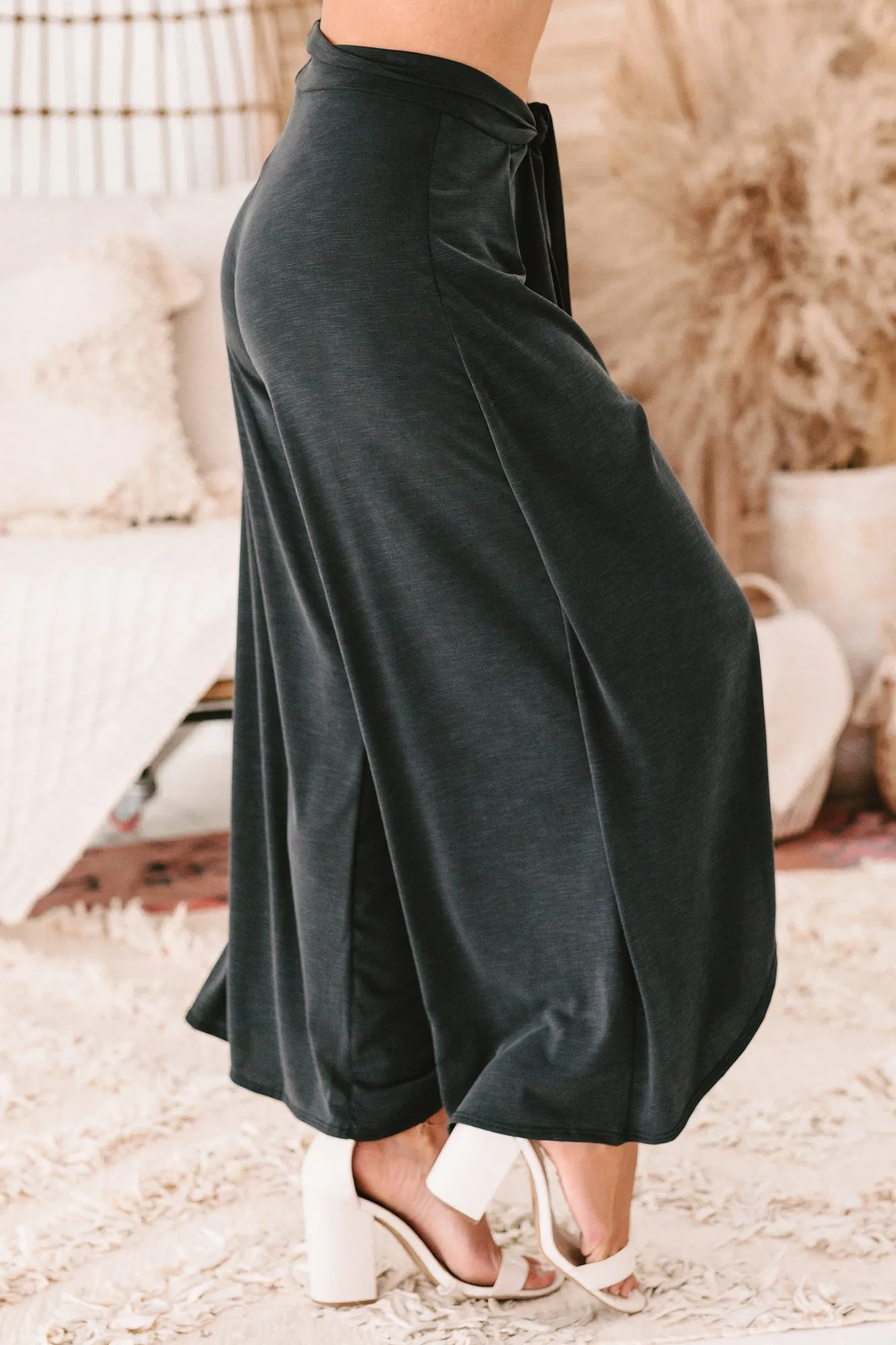 Finding My Center Tie-Front Split Leg Pants (Charcoal)