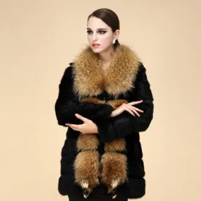 Genuine  rabbit Fur Coat with big raccoon fur collar