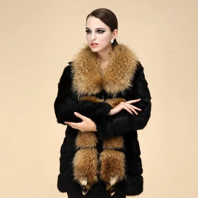 Genuine  rabbit Fur Coat with big raccoon fur collar