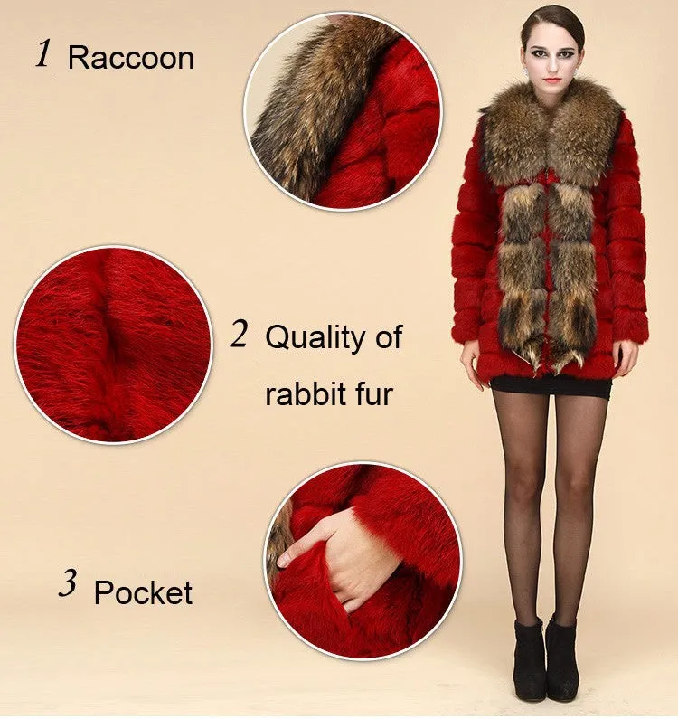 Genuine  rabbit Fur Coat with big raccoon fur collar