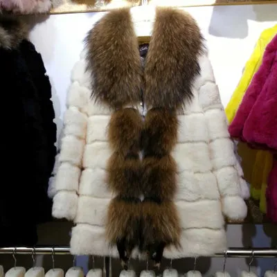 Genuine  rabbit Fur Coat with big raccoon fur collar