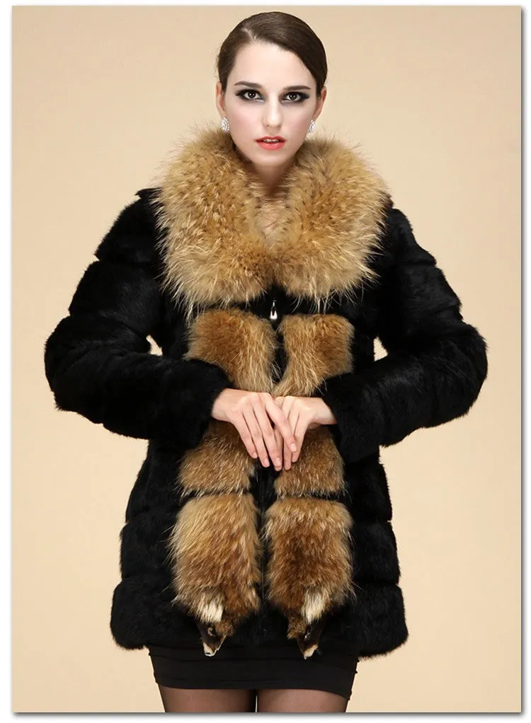 Genuine  rabbit Fur Coat with big raccoon fur collar