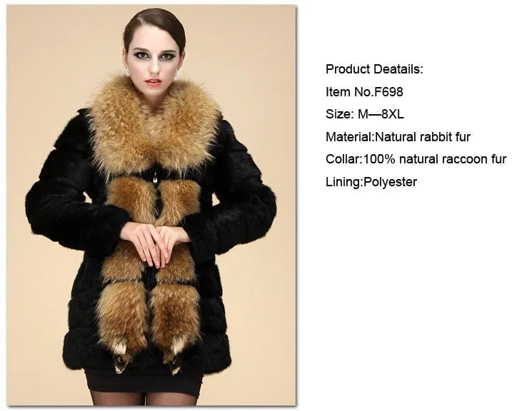 Genuine  rabbit Fur Coat with big raccoon fur collar