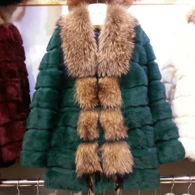 Genuine  rabbit Fur Coat with big raccoon fur collar