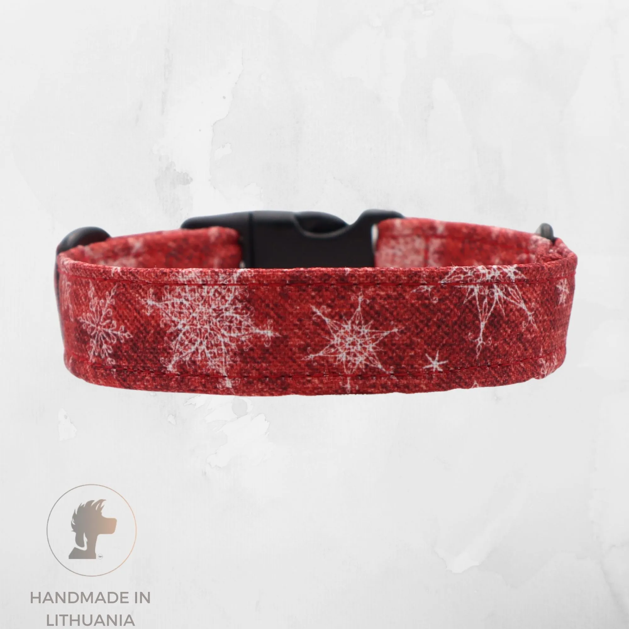 Handmade Dog Collar | Red Snowflakes | Width: 15-20-25-30-40-50 mm