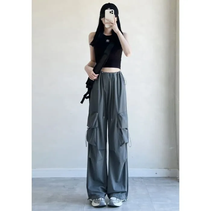 High Rise Drawstring Pocket Plain Wide Leg Parachute Cargo Pants