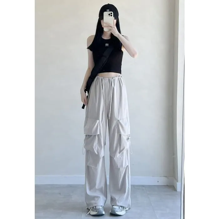 High Rise Drawstring Pocket Plain Wide Leg Parachute Cargo Pants