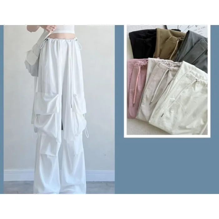High Rise Drawstring Pocket Plain Wide Leg Parachute Cargo Pants