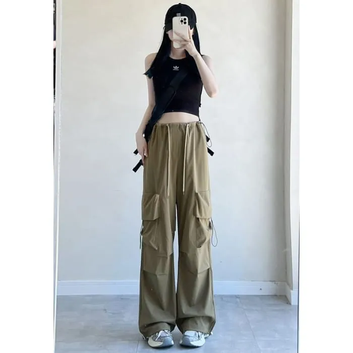 High Rise Drawstring Pocket Plain Wide Leg Parachute Cargo Pants
