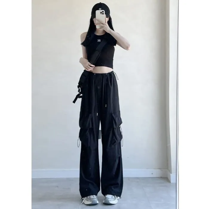 High Rise Drawstring Pocket Plain Wide Leg Parachute Cargo Pants