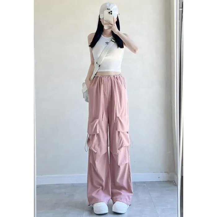 High Rise Drawstring Pocket Plain Wide Leg Parachute Cargo Pants