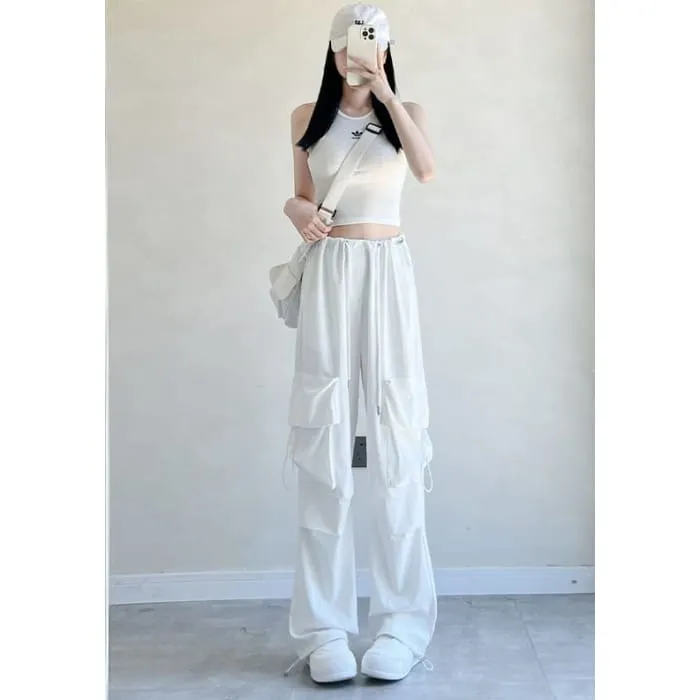 High Rise Drawstring Pocket Plain Wide Leg Parachute Cargo Pants